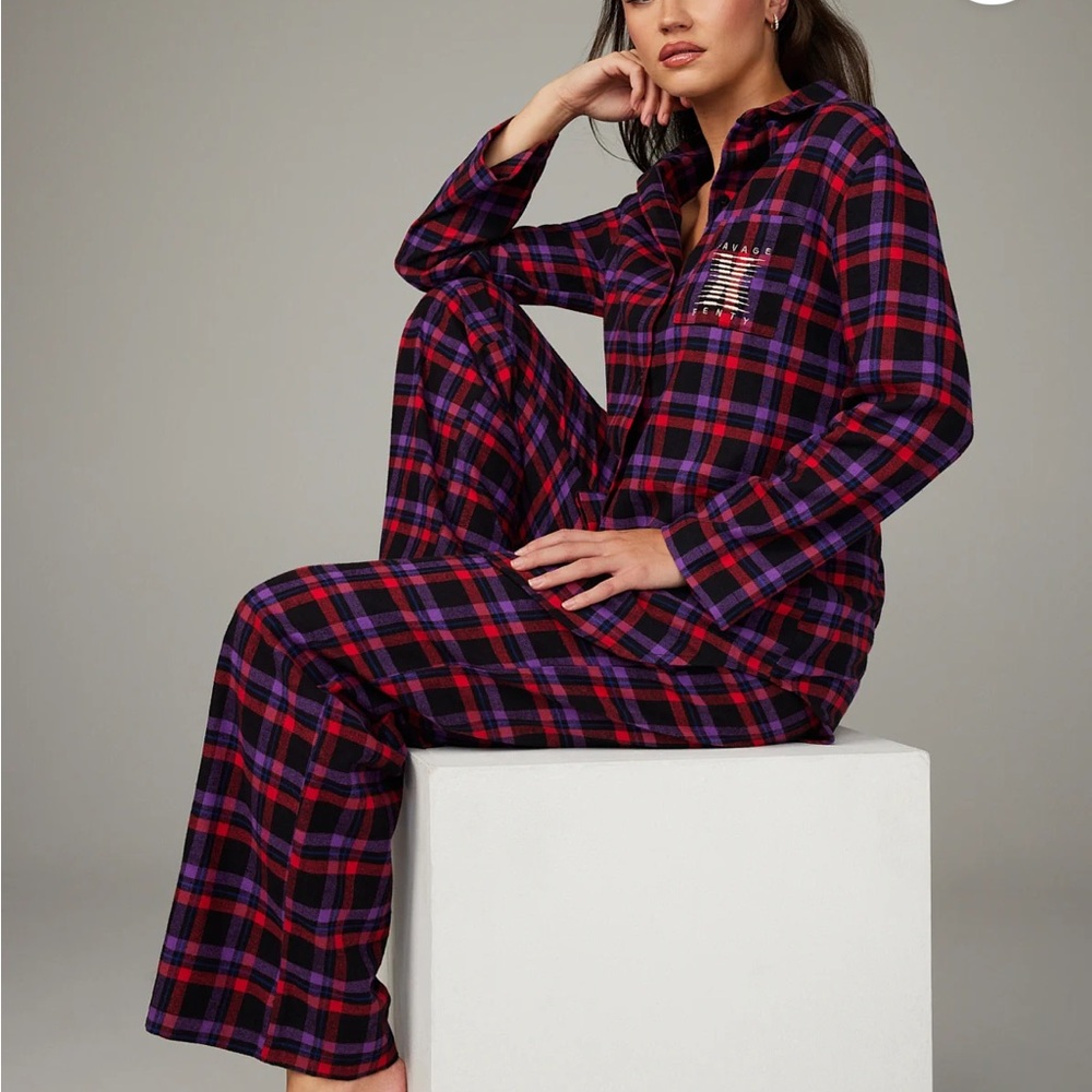 Savage X Fenty Goji Berry Red Plaid Night Star Chaser Flannel Pajamas